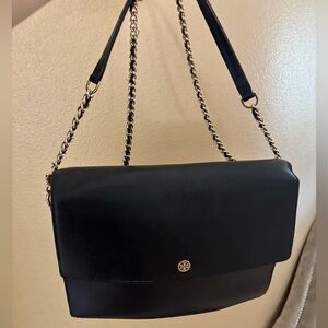 Tory Burch Black Leather Shoulder Bag with Chain Strap